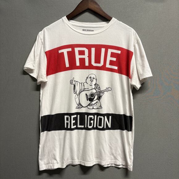 True Religion Men's White Red Striped Graphic Buddah Short Sleeve T-Shirt M - Picture 1 of 10